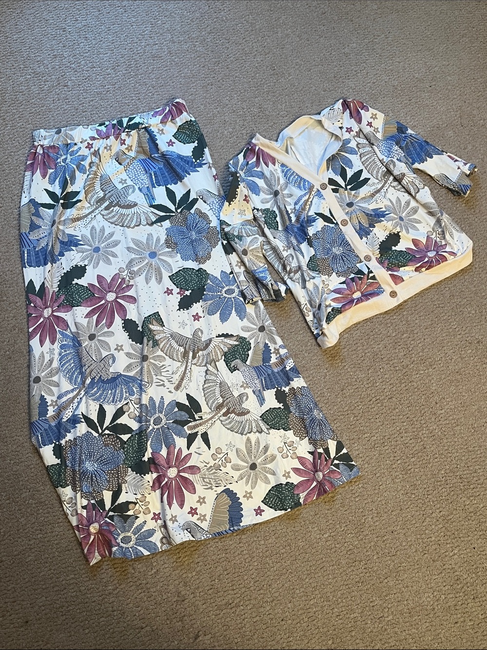 Floral & Bird Print Cream Midi Skirt - Women's Skirt
